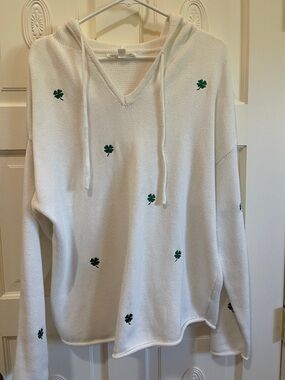 Women's White V-Neck Hooded Sweater with Green Clover Embroidery